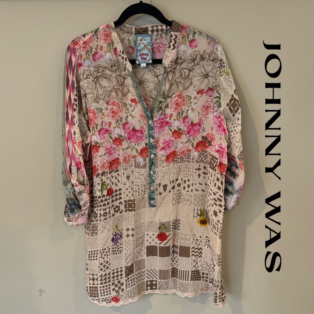 Johnny Was Pink and Red Tunic with Embellished 3/4 Sleeves